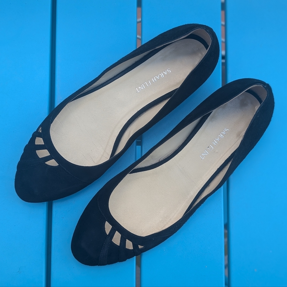 Sarah Flint Black Suede Filigree Cutout Luxury Ballet Flats, IT 40, US 9 or 9.5